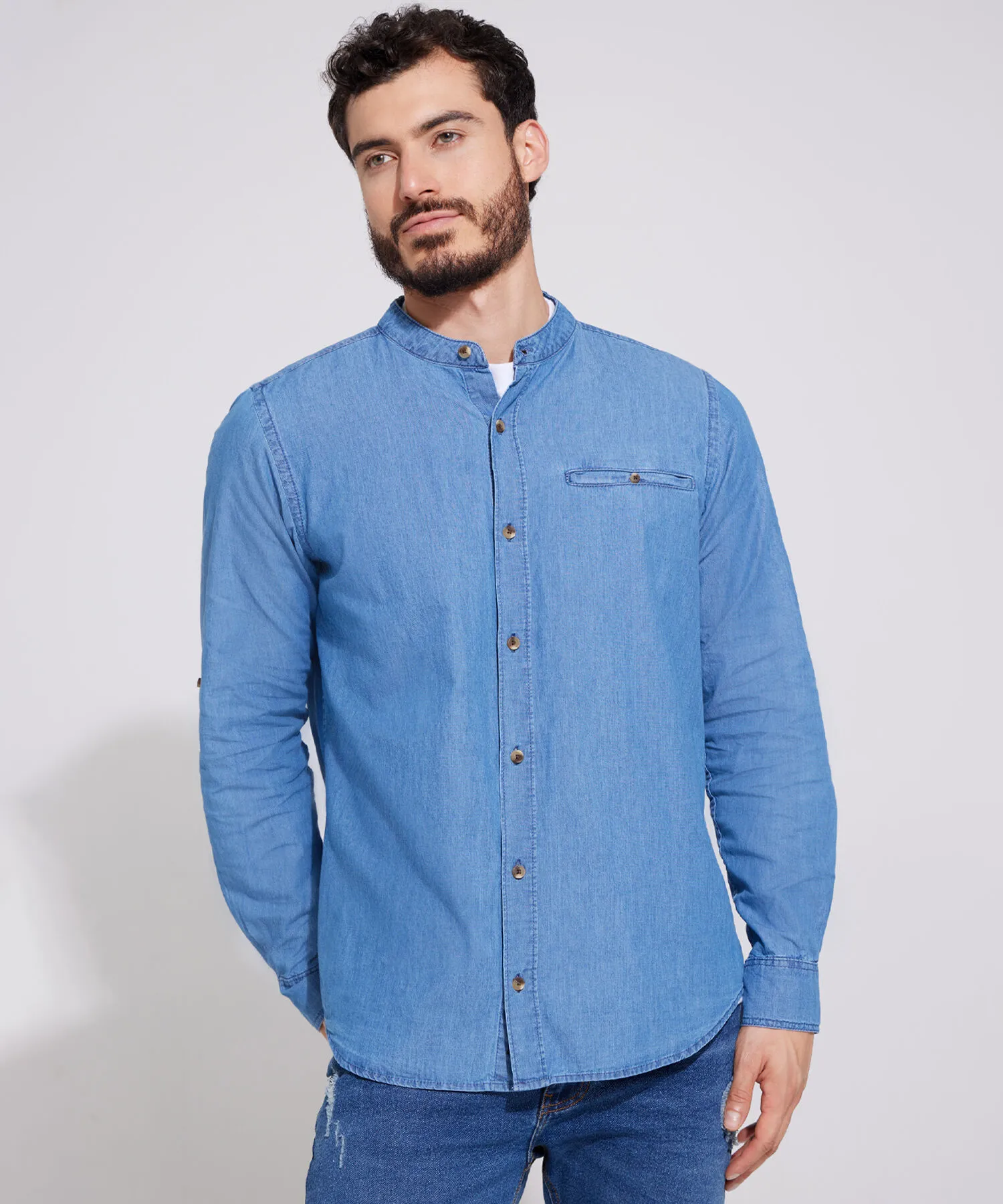 Camisa Unicolor Tela Denim Regular Fit-