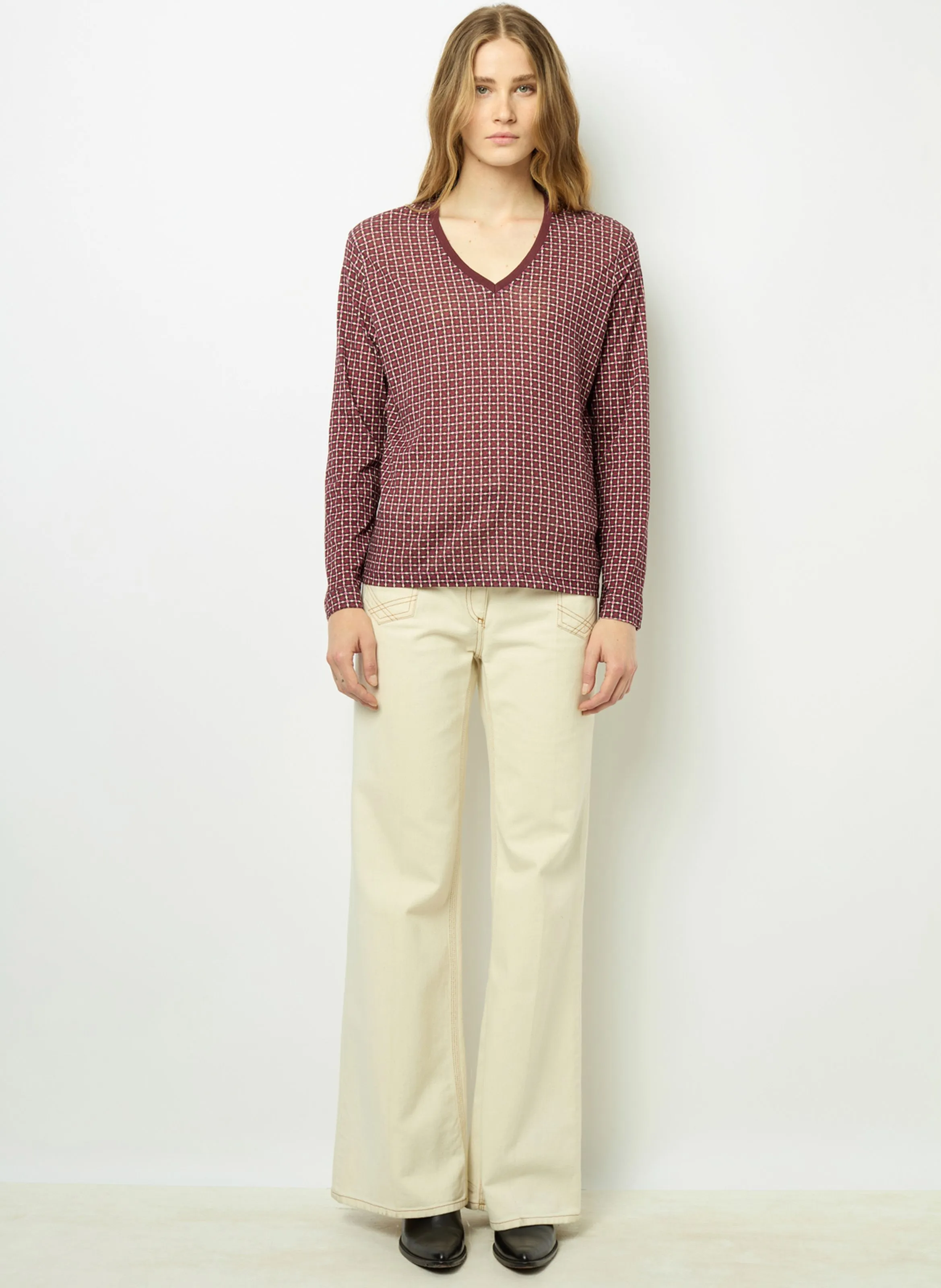 GERARD DAREL AYLA - Camiseta de cuello en V recto de algodón mezclado estampado en rojo