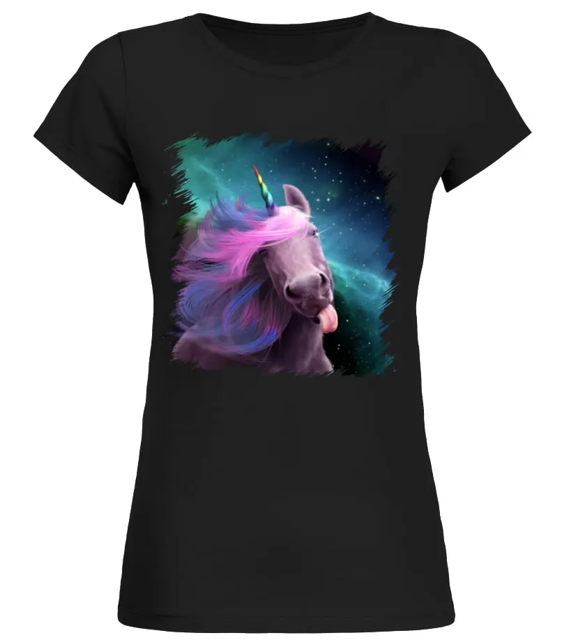 Imagen de un unicornio sacando la lengua Camiseta cuello redondo Mujer
