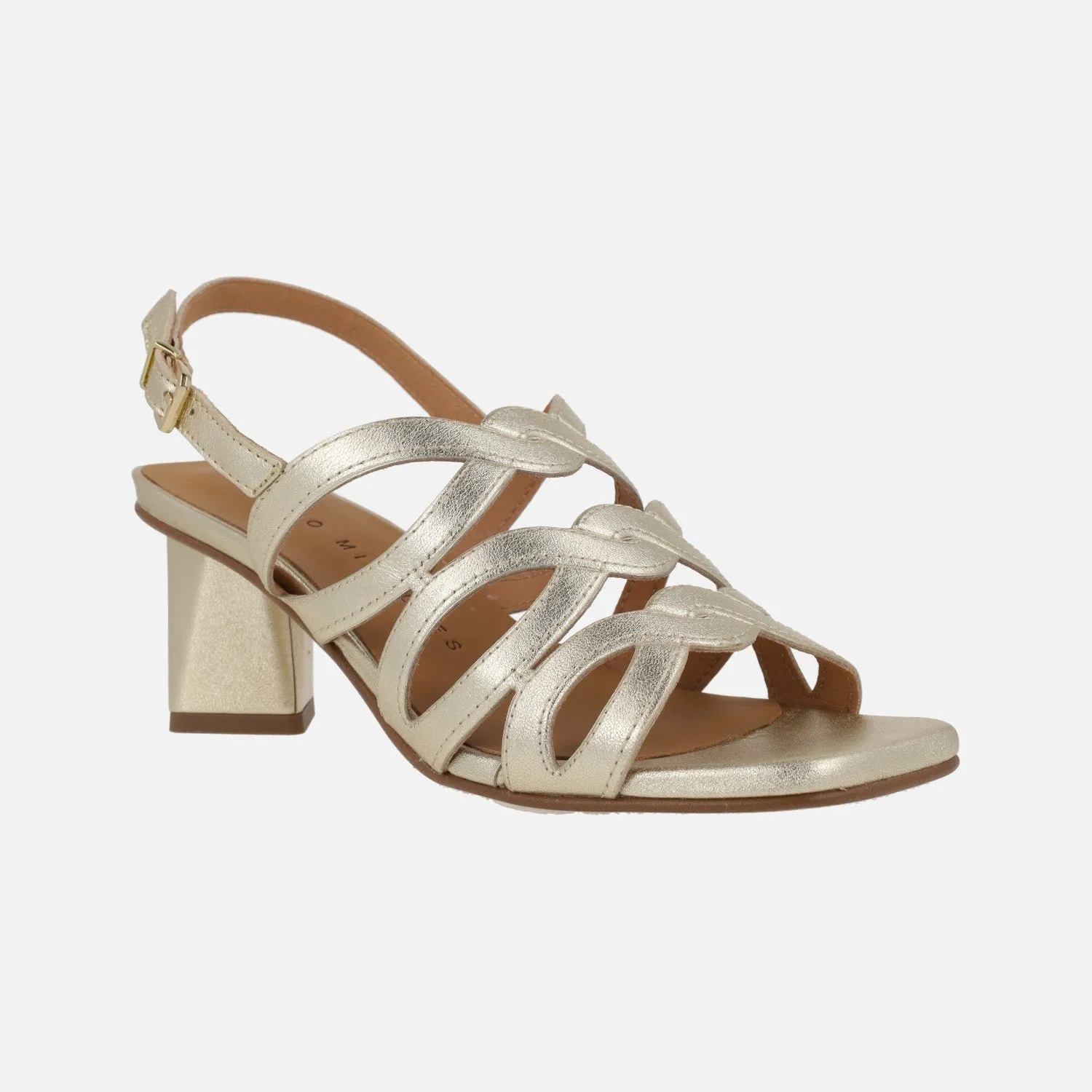 Sandalias Trento de piel metalizada platino con tacones geométricas