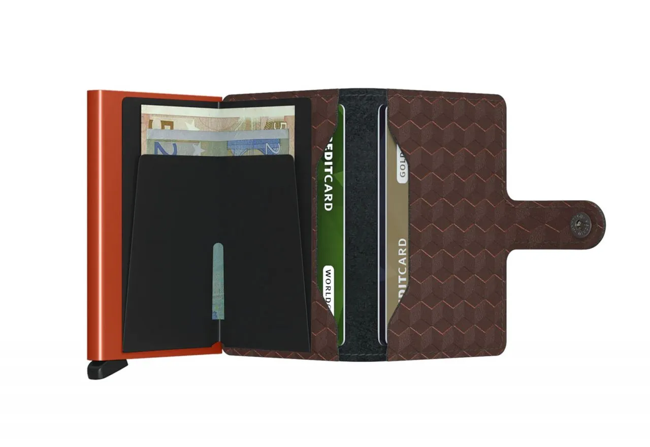 Tarjetero Miniwallet Optical Marron Grabado Interior Metalico Naranja